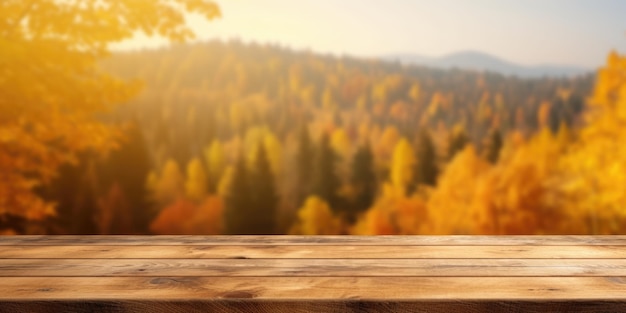 La mesa de madera rústica vacía para exhibición de productos con fondo borroso del bosque otoñal Imagen exuberante