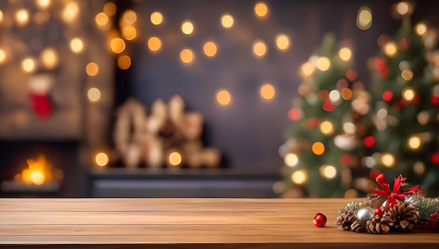 Mesa de madera rústica vacía con fondo de Navidad borroso con espacio de copia para productos y alimentos