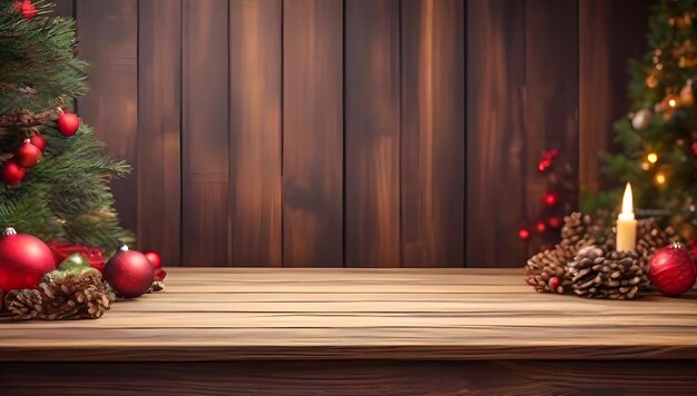 Mesa de madera rústica vacía con fondo de Navidad borroso con espacio de copia para productos y alimentos