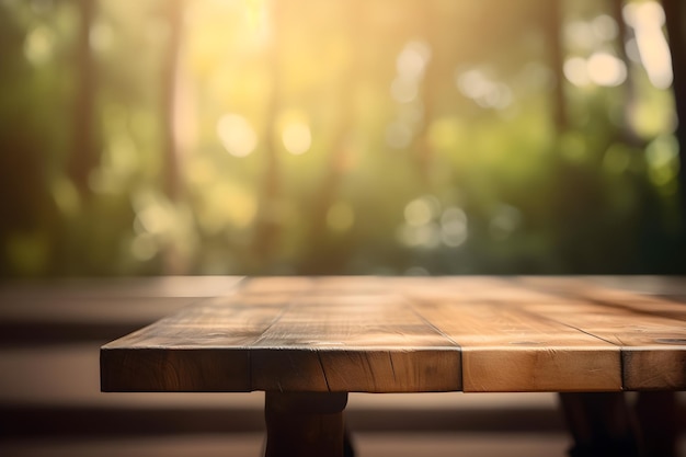 Mesa de madera rústica vacía en la naturaleza fondo borroso ai ilustración generativa