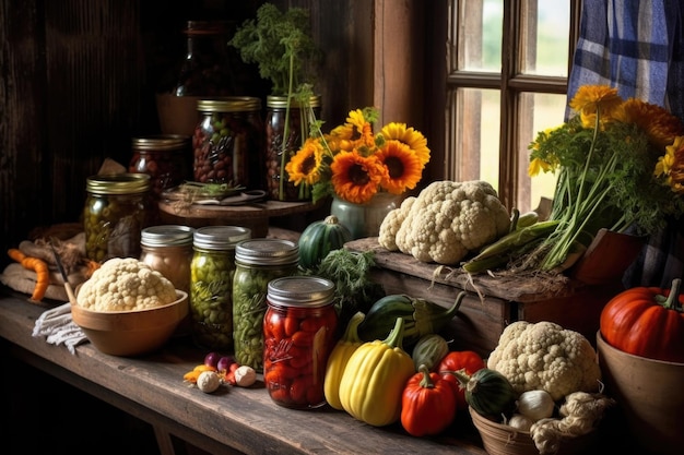 Mesa de madera rústica con verduras de otoño enlatadas creadas con AI generativa