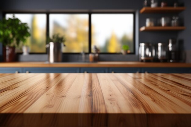 Mesa de madera en una sala de cocina contemporánea con desenfocamiento de fondo suave