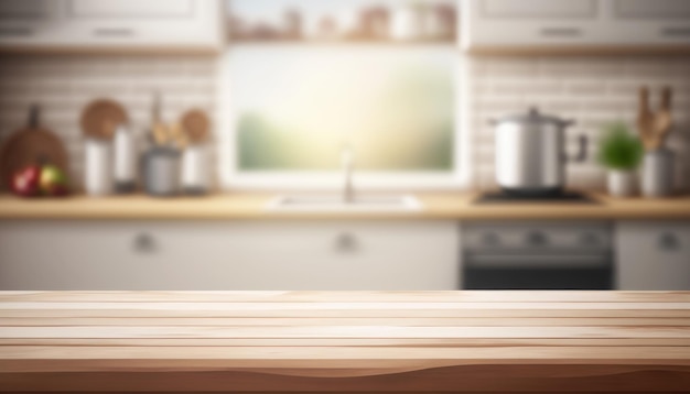 Foto mesa de madera con una sala de cocina desfocada para la exhibición de productos de montaje espacio de copia generativo ai