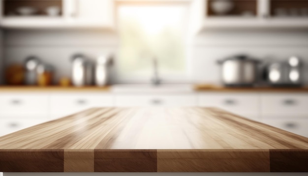 Foto mesa de madera con una sala de cocina desfocada para la exhibición de productos de montaje espacio de copia generativo ai