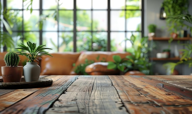 La mesa de madera en la sala de estar borrosa tiene un sofá de cuero y una decoración mínima