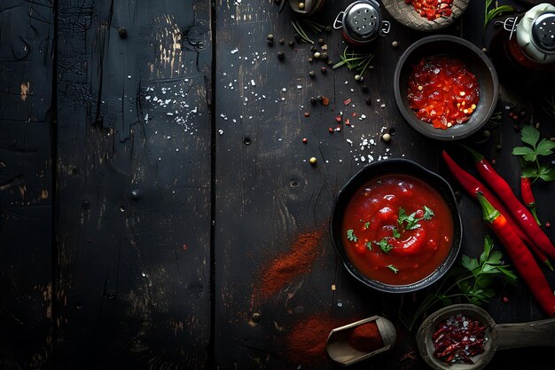 Mesa de madera con salsa picante y otros ingredientes