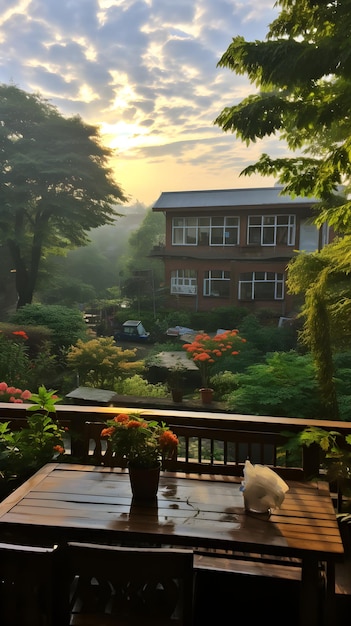 una mesa de madera sentada encima de una terraza de madera Vista desde la ventana de la escuela