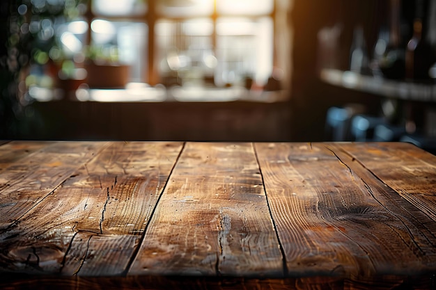 Una mesa de madera sentada frente a una ventana