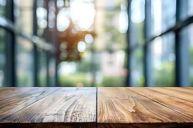 Una mesa de madera sentada frente a una ventana