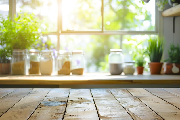 una mesa de madera sentada frente a una ventana