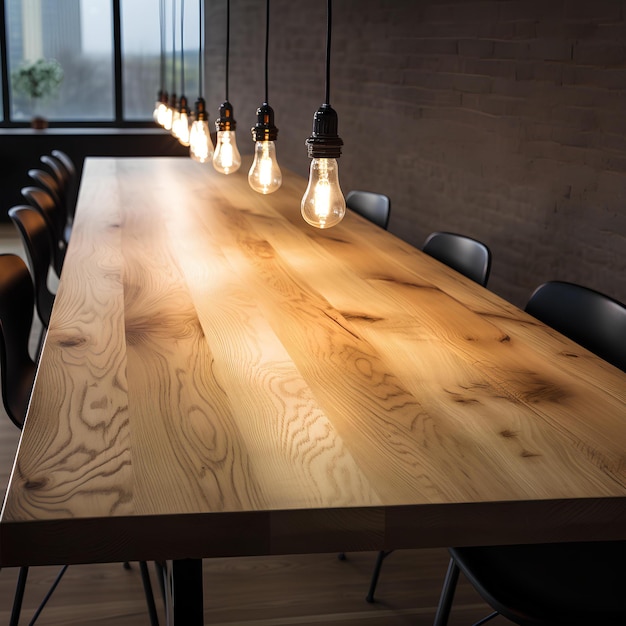 Una mesa de madera con una silla blanca en el fondo