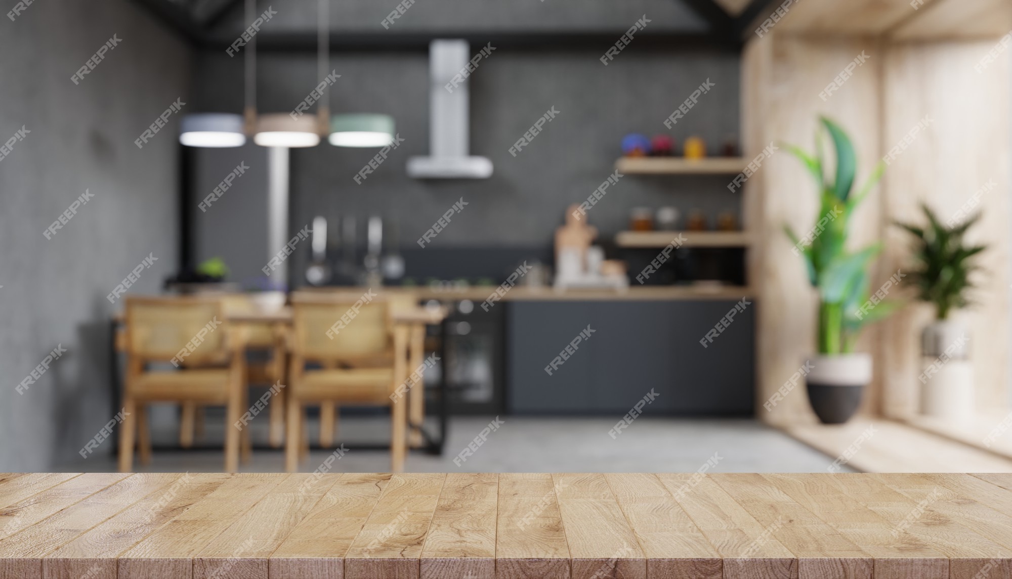 Pogo stick jump apelación moneda Mesa de madera sobre encimera de cocina borrosa. representación 3d | Foto  Premium