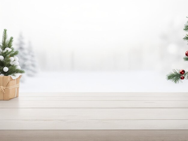 mesa de madera sobre fondo abstracto bokeh blanco