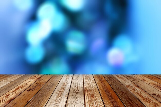 Foto mesa de madera sobre fondo azul bokeh