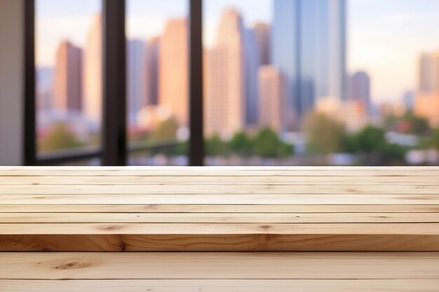 Foto mesa de madera sobre fondo blanco borroso del edificio para el montaje de sus productos