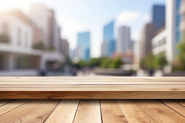 Foto mesa de madera sobre fondo blanco borroso del edificio para el montaje de sus productos