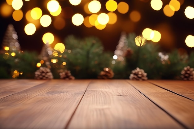 Mesa de madera sobre fondo borroso de árbol de Navidad maqueta festiva mesa de madera oscura generada ai