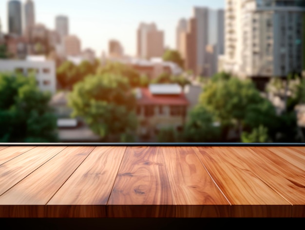 Foto la mesa de madera sobre el fondo borroso de la ciudad se puede utilizar para exhibir o montar sus productos ia generativa
