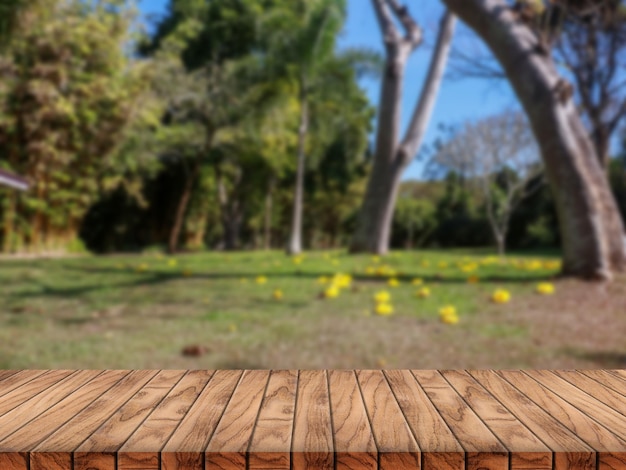 Mesa de madera sobre fondo borroso del parque