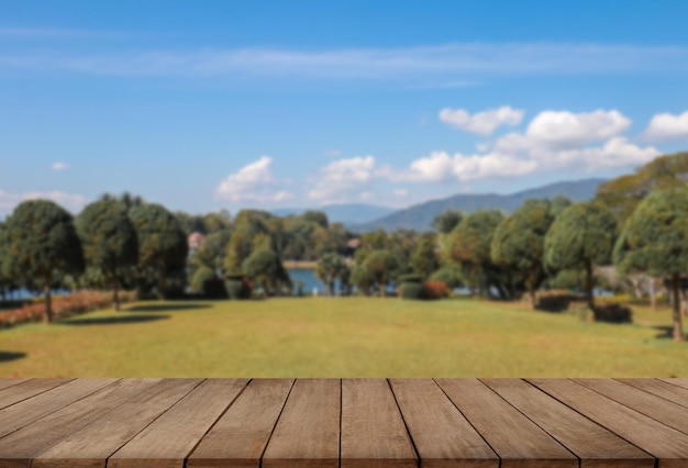 Mesa de madera sobre fondo borroso del parque