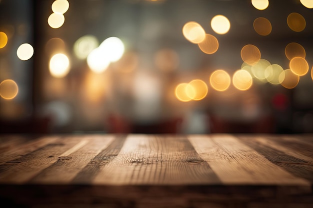 Mesa de madera sobre un fondo de un café o restaurante borroso Bokeh Adecuado para uso en montaje o presentación de productos