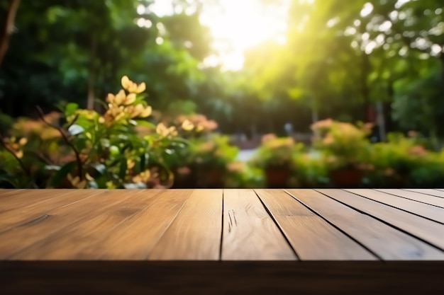 Mesa de madera sobre un fondo de campo verde borroso