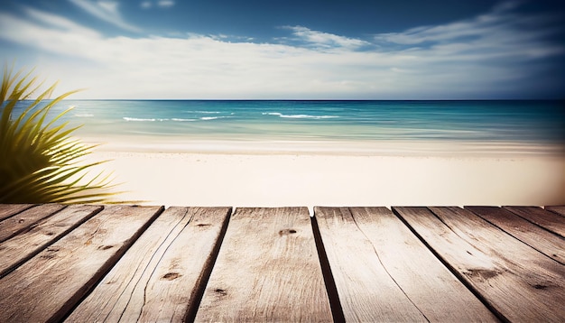 Mesa de madera sobre fondo de cielo y mar azul de verano borroso Copie espacio para su exhibición o diseño de producto de montaje