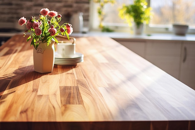 Mesa de madera sobre fondo de cocina borroso