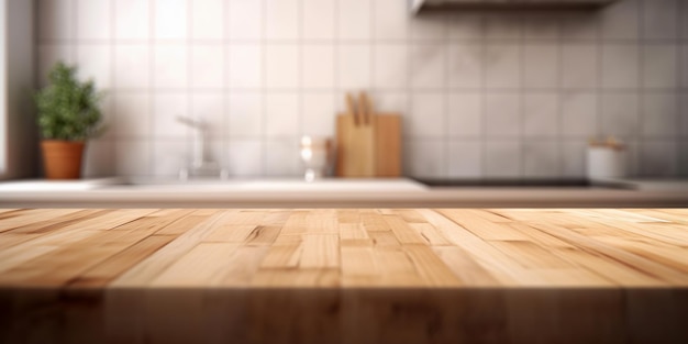 Mesa de madera sobre fondo de cocina desenfoque