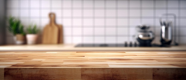 Mesa de madera sobre fondo de cocina desenfoque