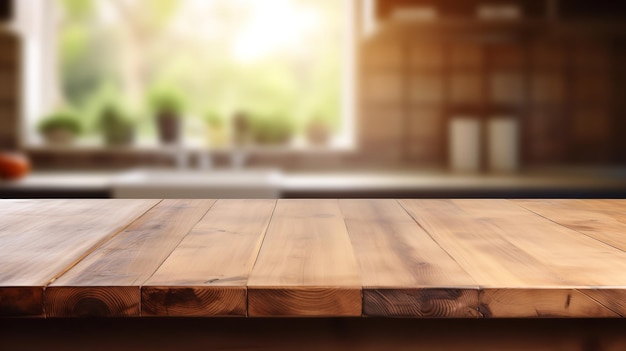 Mesa de madera sobre un fondo difuso de un banco de cocina. IA generativa.