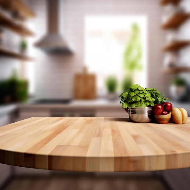 Foto mesa de madera sobre fondo de mostrador de cocina borroso para exhibición o diseño de productos de montaje