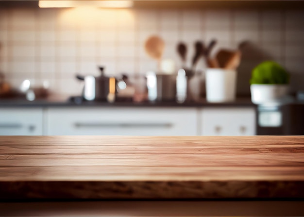 Mesa de madera sobre fondo de mostrador de cocina borroso Para exhibición de productos de montaje Generado por IA