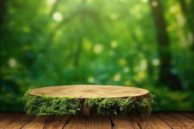 Mesa de madera sobre un fondo de naturaleza verde