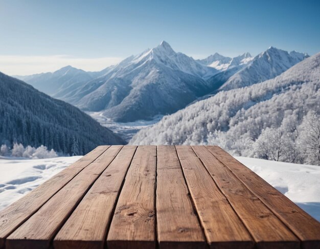 Foto mesa de madera sobre un fondo nevado de invierno