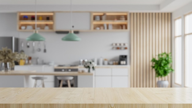 Mesa de madera sobre fondo de sala de cocina de desenfoqueInterior de sala de cocina moderna