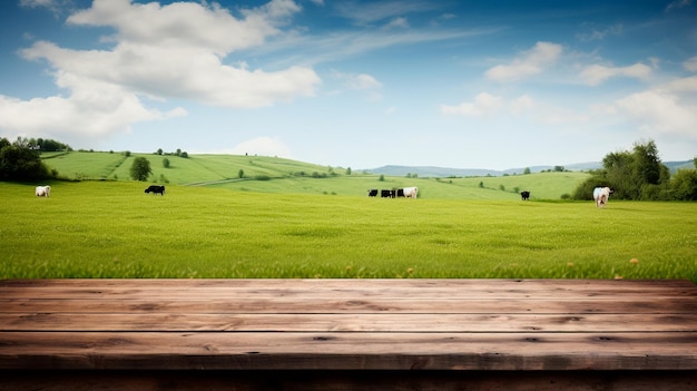 mesa de madera sobre un fondo de suelo verde