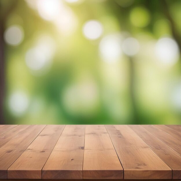 La mesa de madera sobre un fondo verde borroso se puede utilizar para el montaje o la exhibición de sus productos