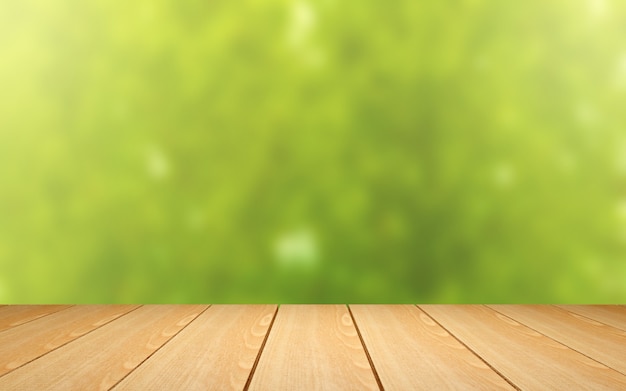 Mesa de madera sobre fondo verde desenfoque