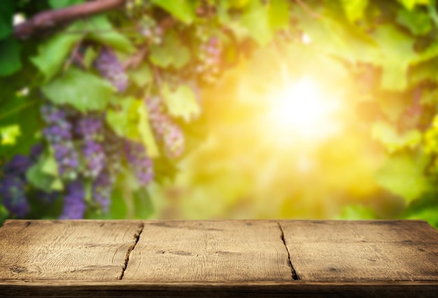 Mesa de madera sobre paisaje de viñedo borroso con uvas Espacio de copia