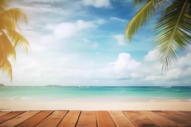 Foto la mesa de madera sobre la playa y las hojas de palma con un fondo borroso