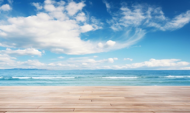 Mesa de madera sobre la playa de verano y el cielo azul