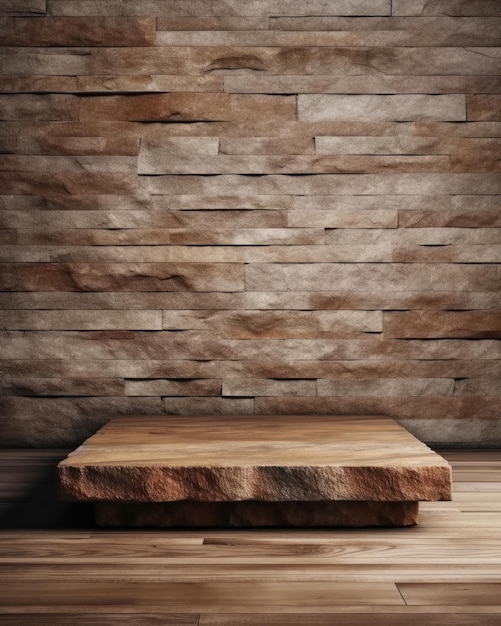 Mesa de madera sobre suelo de madera con pared de piedra y pared de piedra.