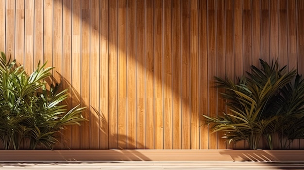 Mesa de madera con sombra de palmera sobre fondo de pared de madera