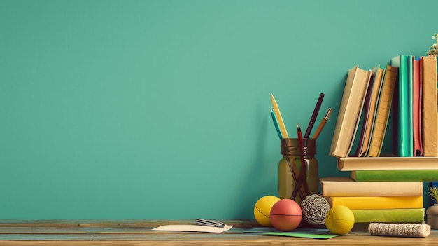 Foto una mesa de madera sostiene una estantería llena de una variedad colorida de libros que invitan a la exploración y