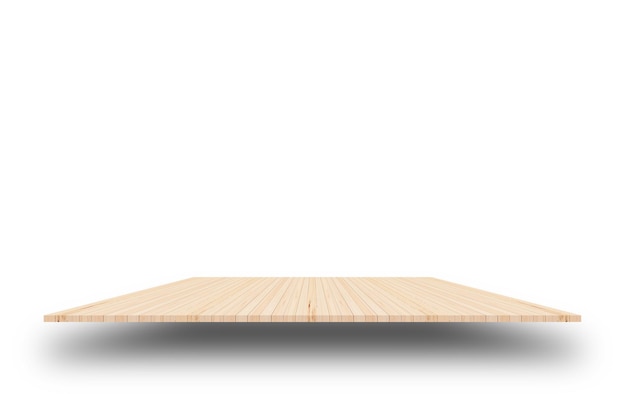 Mesa de madera superior vacía aislada sobre fondo blanco que se utiliza para mostrar o montar sus productos
