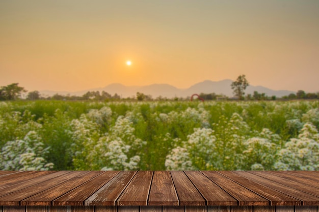 Mesa de madera superior vacía en el desenfoque del campo de flores al atardecer para el fondo