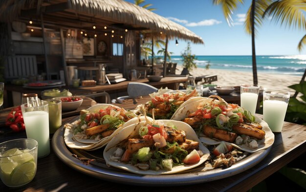 Foto mesa de madera con tacos y bebidas ia generativa