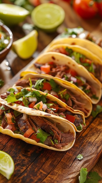 una mesa de madera con tacos y un vaso de limón