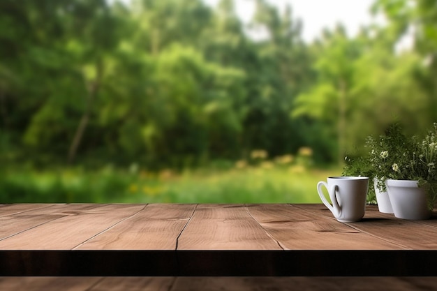 Una mesa de madera con una taza de café encima